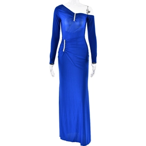 Detail of blue one-shoulder long dress featuring sparkling rhinestone waist and shoulder accents