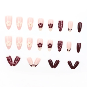 Almond fake nails with deep brown floral and leopard print patterns, 24 pieces set