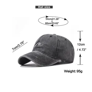 Size chart for washed cotton baseball cap with head circumference and brim dimensions