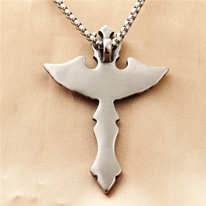 Punk style stainless steel angel wing sword pendant necklace on a beige textured background