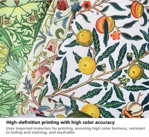 Detailed close-up of William Morris floral canvas fabric with vibrant botanical prints