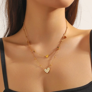 Double layered gold plated stainless steel heart necklace with delicate gold beads for women