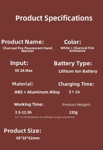 Detailed specs of portable hand warmer featuring ABS shell and digital power display