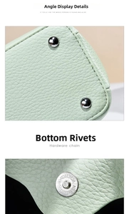 Detail of light green litchi leather bag with metal rivets and magnetic buckle closure