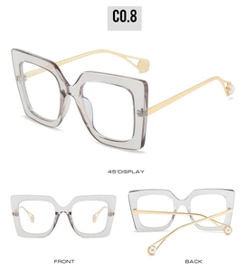 Three-view detail of square glasses frame with gold temples and pearl tip accents