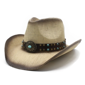 Western straw cowboy hat with turquoise metal buckle and leather band on white background