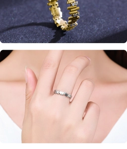 Close-up of geometric 925 silver ring featuring rectangular bar and inlaid rhinestones