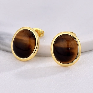 Retro round tiger eye stud earrings with gold plating on a white marble surface