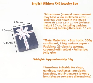 Navy blue jewelry gift box with ribbon detailing specific dimensions and foam padding