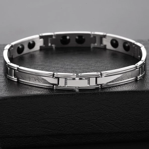 Polished silver magnetic stainless steel health bracelet for men with black inserts