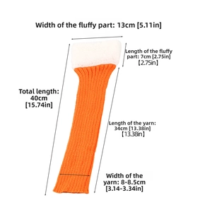 Detail showing orange knit leg warmer with white faux fur trim and size measurements