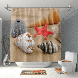 Detail of waterproof bathroom set featuring starfish and seashell beach theme patterns