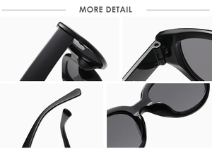 Macro details of thick cat eye sunglasses frame featuring reinforced hinges and nose pads
