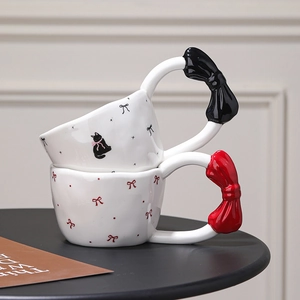 Creative Ceramic Mug With Sculpted Bowknot Handle Large Ear Cute Cartoon Patterns For Coffee Milk Tea Gift