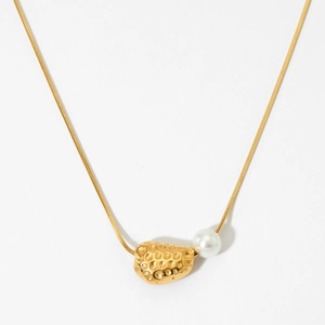 Irregular 316L stainless steel gold necklace with organic pendant and pearl accent