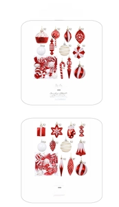 Detail of red and white Christmas ornaments including candy canes and snowflakes