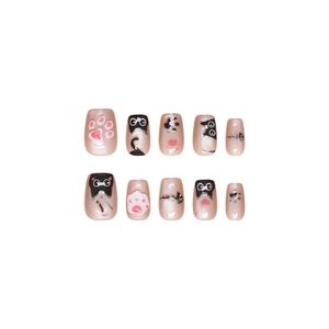 Handmade cat eye press-on nails with cute black kitten and pink paw print patterns
