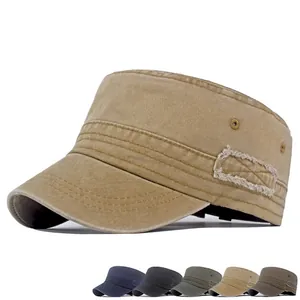 Men's washed cotton flat top cadet hat in khaki with multiple color options shown