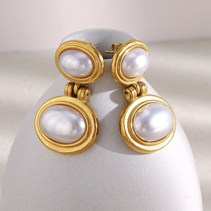 Geometric 18K gold plated stainless steel earrings with white faux pearl inlay for women