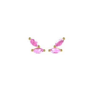 Detailed view of gold earrings featuring marquise-cut pink zircon in a minimalist design