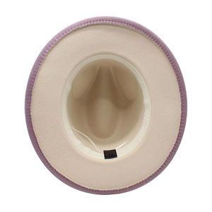 Detail view of two-tone wool felt hat interior with 65% cotton and 35% polyester material
