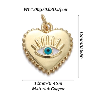 Detailed view of 15mm copper heart evil eye pendant with exact size and material specs