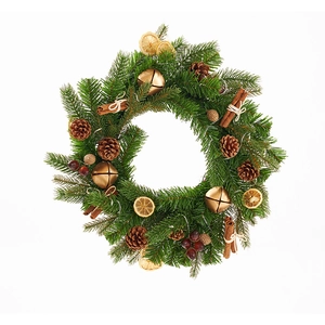 40cm Christmas wreath with pine needles, cones, golden bells, and cinnamon on white background