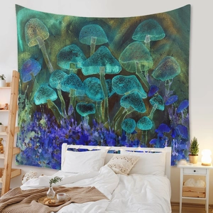Close-up of bohemian mushroom tapestry hanging on bedroom wall for home decoration
