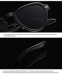 Detail view of ergonomic nose bridge and curved non-slip temples of black retro sunglasses