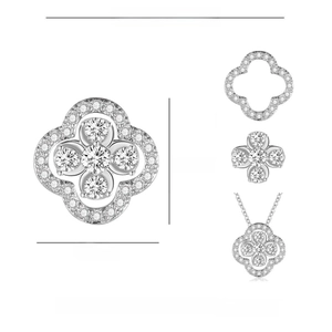 Detailed view of lucky four-leaf clover pendant with zircon dimensions and material specs