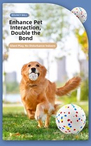 Golden Retriever catching a textured bouncy pet ball on grass with BOUNCY BALL text
