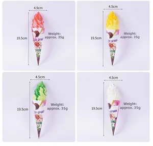 Detailed size view of PU ice cream cone models in four colors with 19.5cm height dimensions