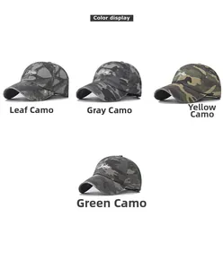Grid view showcasing camouflage baseball caps in leaf, gray, yellow, and green patterns