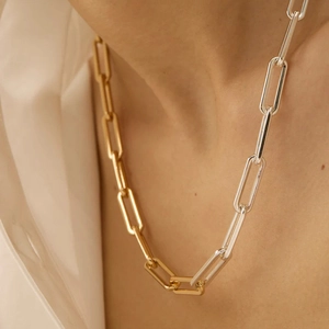 Stainless Steel Two Tone Paperclip Chain Necklace For Women Gold Silver Plated Rectangular Link Choker Minimalist Jewelry