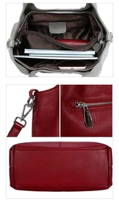 Macro view of soft PU leather texture, internal compartments, and metal buckle details