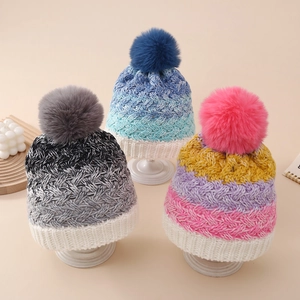 Kids Knitted Beanie Hat Winter Warm Fleece Lined With Faux Fur Pom Pom Gradient Windproof For Toddler Boys Girls