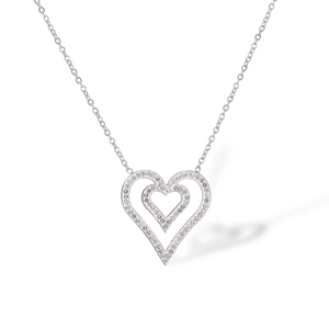 Detailed view of silver double heart pendant necklace with shimmering zircon crystals