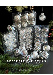 Close-up of iridescent Christmas balls with white glitter patterns and pine needle decor