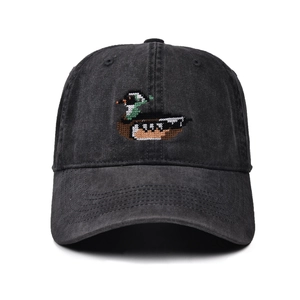 Vintage dark grey washed cotton baseball cap featuring pixel art mallard duck embroidery