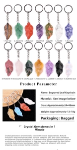 Macro detail of various leaf-shaped gemstone pendants with silver metal keychains