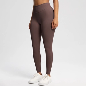 Detailed view of high-waisted seamless coffee brown yoga leggings for tummy control