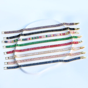 Colorful rectangular zircon tennis bracelets with gold finish displayed in multiple colors