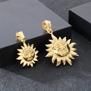 Polished gold sun face pendant in two sizes for men, vintage hip hop stainless steel jewelry