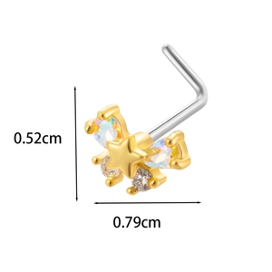 Detailed view of L-shaped nose stud with star butterfly design and size dimensions