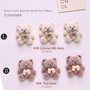 3D cartoon bear nail art charms with flocking texture in cream and brown shades