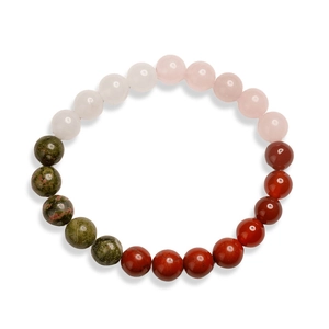 Detail of 8mm natural stone elastic bracelet with rose quartz and green epidote beads