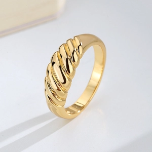 Polished gold plated croissant ring featuring a classic twisted rope texture design
