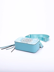 Blue crossbody square bag with mandala pattern flap and decorative black fringe tassel
