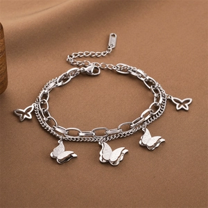 Elegant silver double-layer butterfly pendant bracelet with polished and hollow charms