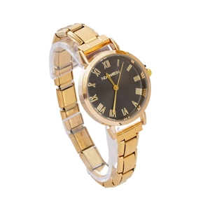 Elegant gold quartz watch with rhinestones and grey dial featuring Roman numerals